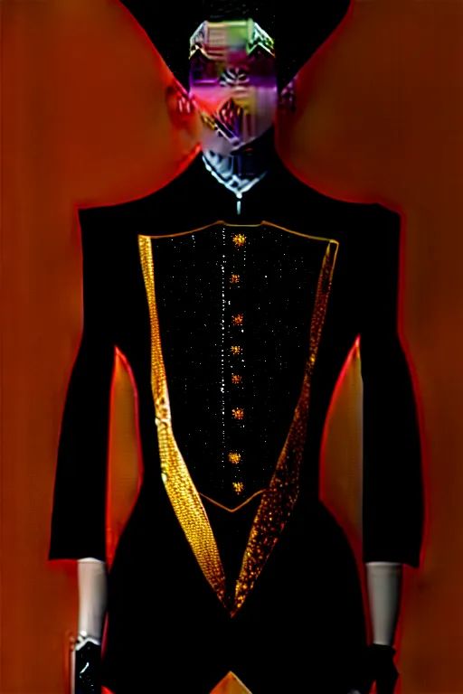 Image similar to black leather and embroidered Lolita dapper bespoke avant-garde tuxedo in velvet, black and gold rich color, dramatic cinematic lighting, featured on Artstation, extremely detailed by Lisa Frank