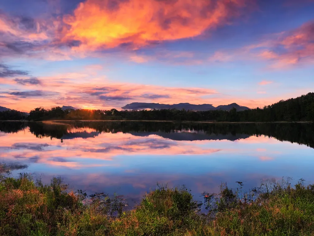 Image similar to a calm, soothing and cozy landscape, sunset, lake