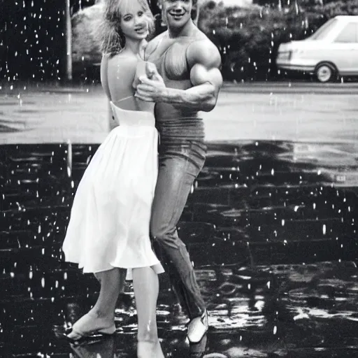 Image similar to portrait shot of young arnold schwarzenegger holding tight in love dancing in the rain with jennifer lawrence beautiful white wet dress, 5 0 mm kodak, beautiful light, best lense, 9 0 s romantic movie, 4 k