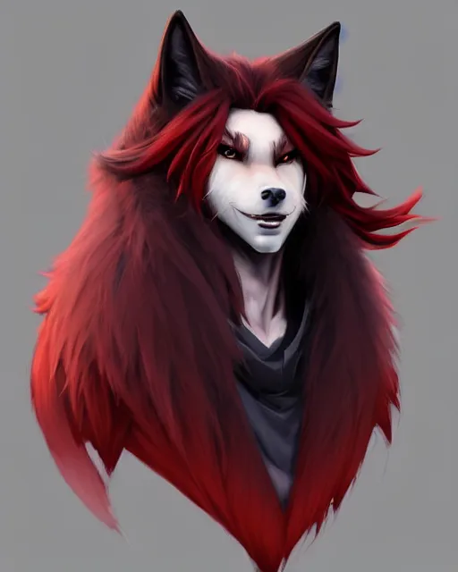 Image similar to character concept art of a black anthropomorphic furry male wolf long red hair | | cute - fine - face, pretty face, key visual, realistic shaded perfect face, fine details by stanley artgerm lau, wlop, rossdraws, james jean, andrei riabovitchev, marc simonetti, and sakimichan, trending on artstation