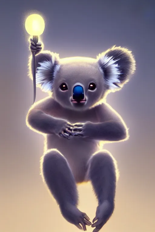 Image similar to super cute Bioluminescent humanoid koala character concept, soft light, soft mood, realistic body features and face, illustration, painting oil on canvas by Elena Zhurikhina and Goro Fujita and Charlie Bowater, octane render trending on artstation, 4k, 8k, HD