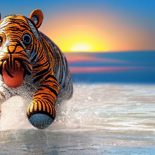 Prompt: a closeup photorealistic photograph of a cute smiling knitted tiger hippopotamus chasing towards a beachball at sunset. surf in background. professional capture. brightly lit scene. this 4 k hd image is trending on artstation, featured on behance, well - rendered, extra crisp, features intricate detail, epic composition and the style of unreal engine.