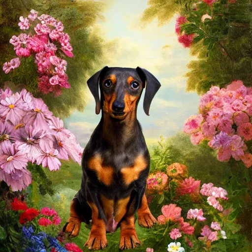 Prompt: Dachshund dog sitting in flowers, highly detailed photo in the style of Franz Xaver Winterhalter and Aetherpunk