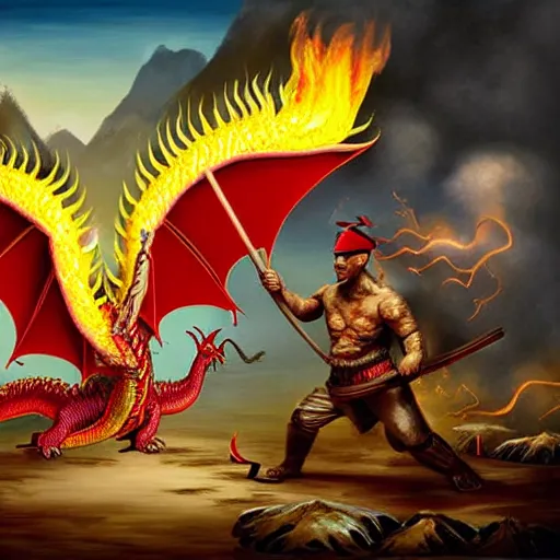 Image similar to Chinese president, bananas weapon, dragon, fight, flaming mountain, painting, epic