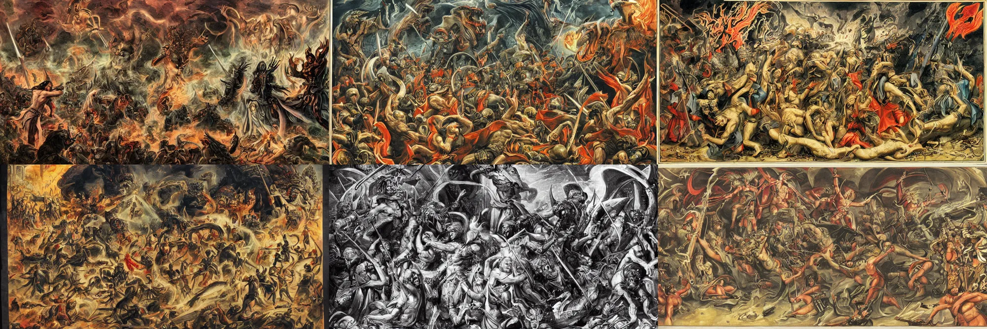 Prompt: The battle of the Chaos Gods, religious illustration, found in an ancient temple