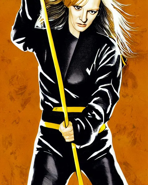 Image similar to drawing of a beautiful uma thurman in kill bill, wearing a yellow jumpsuit with a black stripe, swinging katana, beautiful confident and piercing eyes, beautiful blonde hair, hyper realistic face, with autumn leafs, in the style of greg rutkowski, amazing detail, epic, elegant, smooth, sharp focus, from the front