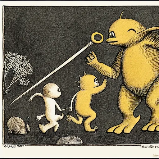 Image similar to life taking its first steps onto land. new life evolutionary ancestor. Ancient creature. Illustrated by Maurice Sendak