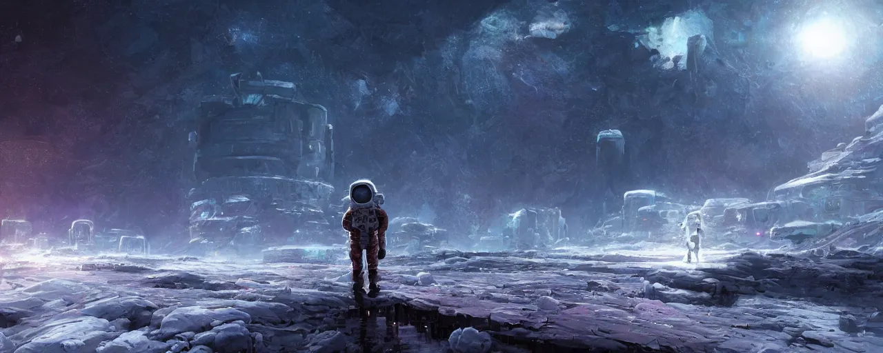 Image similar to lone astronaut exploring outer cybernetic planet covered with ice, art by paul lehr, cinematic, detailed, epic, widescreen, opening, establishing, matte painting, photorealistic, realistic textures, octane render