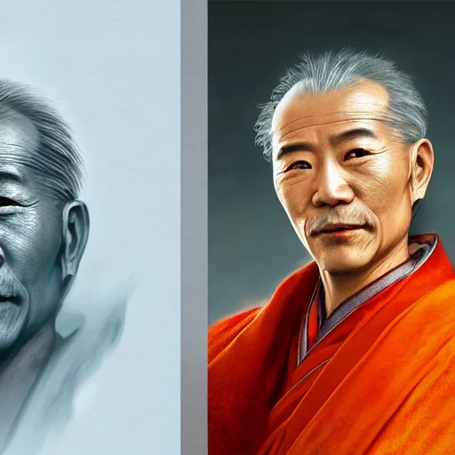 Image similar to portrait painting of a 6 0 year old kind handsome chinese taoist priest, like liangchao wei, silver ponytail hair, amiable by wenjun lin, irakli nadar, bright colors, octopath traveler, wenjun lin, unreal engine 5 highly rendered, global illumination, radiant light, detailed and intricate environment