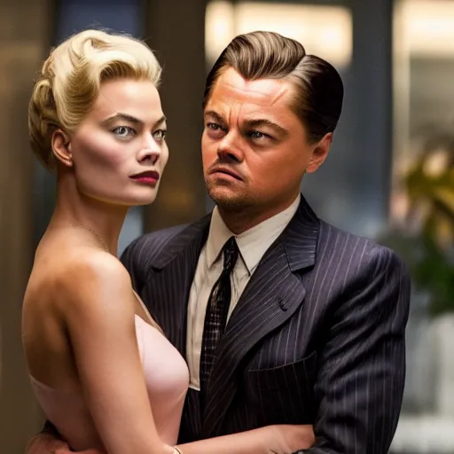 Image similar to leonardo dicaprio as the wolf of wall street next to margot robbie as naomi from the wolf of wall street, hyper realistic faces, cinematic, long shot, hyper detailed, 8 5 mm photograph, 8 k resolution, film still, sharp lens, wide lens