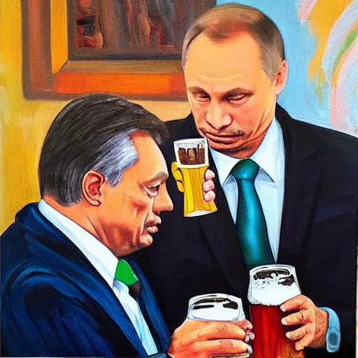 Image similar to viktor orban drinking beer with putin, anatomically correct, oil painting, highly detailed