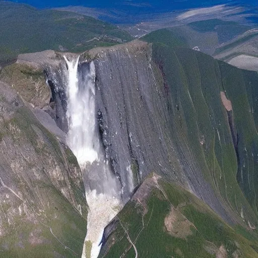 Image similar to very - distant aerial photograph of : a waterfall is falling from the peak of the world's tallest mountain down to a lake surrounded by a city at the base of the mountain. the waterfall is unbelievably tall.