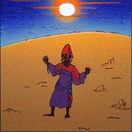 Prompt: sunset in a desert, shaman wearing a blue robe doing a ritual, energy streams, magic, drawing by moebius
