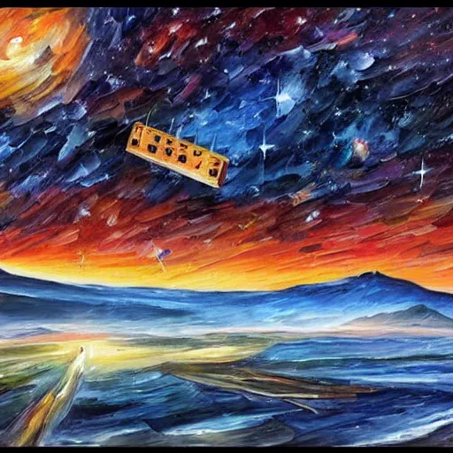 Prompt: school bus, on mars, school bus on mars, earth in the background, shooting stars, nebula, drawn by Leonid Afremov