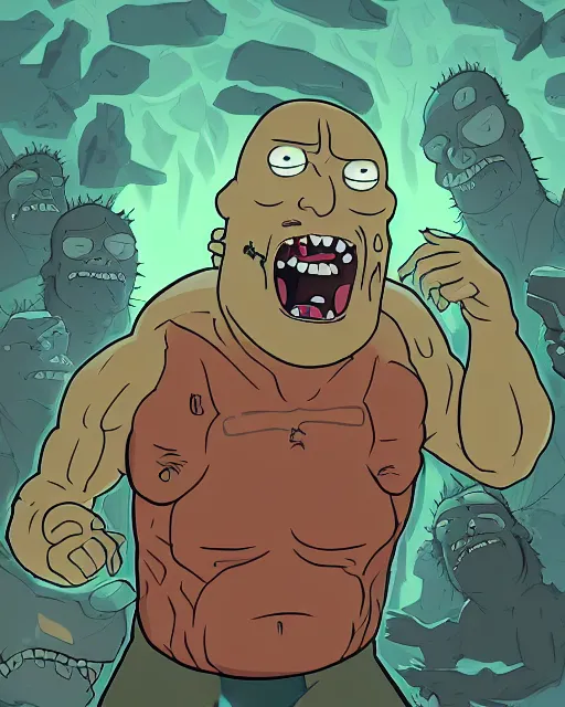 Image similar to portrait of dwayne johnson in the style of justin roiland. ugly, creepy, demonic, horror. cinematic lighting. style of rick & morty. photographic, photography. by justin roiland