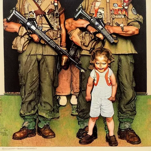 Image similar to soldier and comrads and pepe the frog by norman rockwell