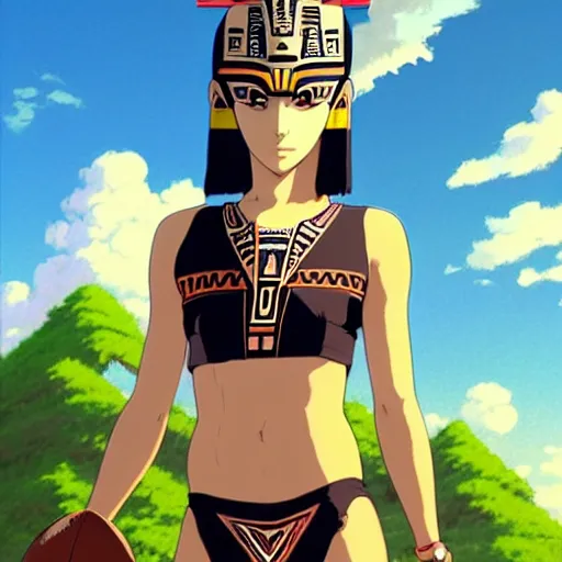 Image similar to beautiful boyish natalie portman alluring gravure model, wearing aztec wooden mask helmet cap and leotard, elegant bulky aztec football gear subtle mayan patterns, elegant aztec bathing suit, gapmoe yandere grimdark, trending on pixiv fanbox, painted by greg rutkowski makoto shinkai takashi takeuchi studio ghibli, akihiko yoshida