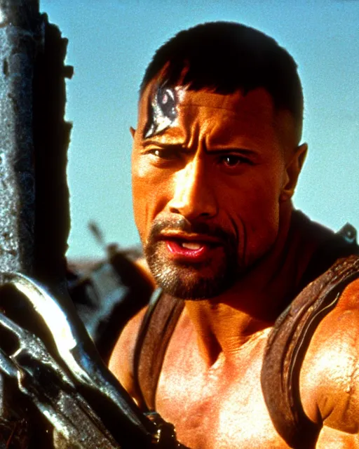 Image similar to film still close up shot of dwayne johnson as max rockatansky in the movie mad max 2 the road warrior. photographic, photography