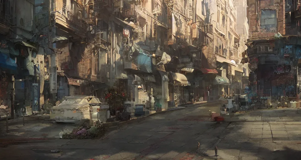 Image similar to craig mullins and ghibli digital art of american city, street, 1 9 2 0, sunset alley, the half - human, half - cat monster watches you, its body hidden in the shadow unreal engine, hyper realism, realistic shading, cinematic composition, realistic render, octane render, detailed textures, photorealistic, wide shot