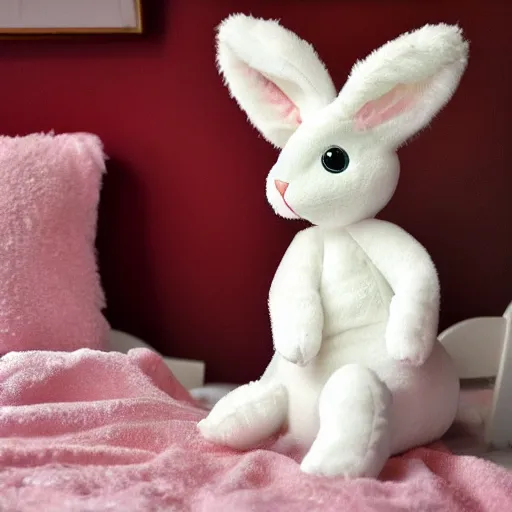 Prompt: flopsy the stuffed bunny comes to life in a 9 year old girls bedroom, photo realistic, fluffy, cute, adorable