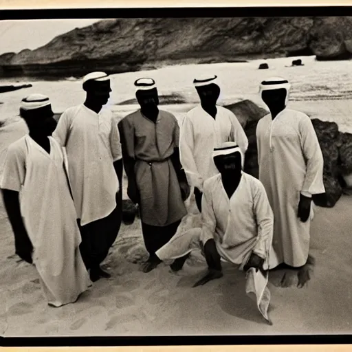 Prompt: pearl divers in the Arab Emirates in the early 20th century, black and white old photo, Kodak, 35mm,