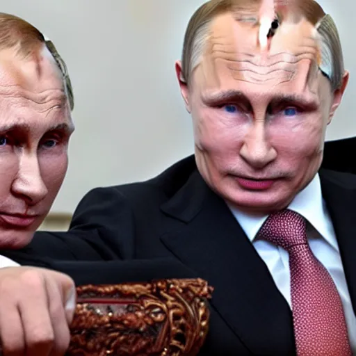 Image similar to putin teams up with a teenage putin, perfect faces