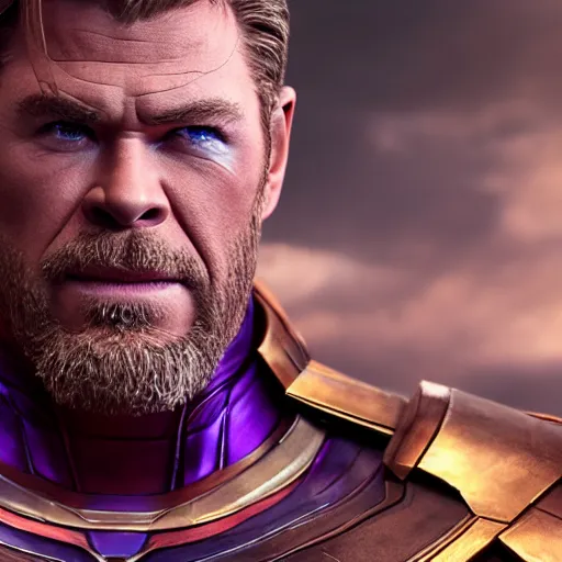 Image similar to Chris Hemsworth starring as Thanos, Chris Hemsworth in Thanos attire and makeup, trending on artstation, 4k, 8k