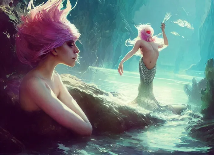 Image similar to lady gaga as a mermaid, intricate, sharp focus, lens flare, bloom, illustration, highly detailed, digital painting, concept art, matte, art by ruan jia and wlop and greg rutkowski