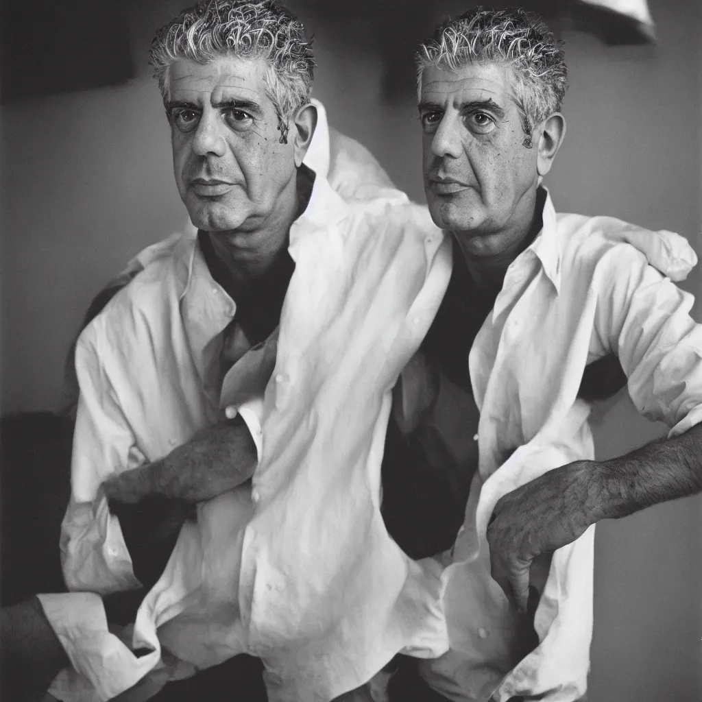 Prompt: studio portrait photo of Anthony Bourdain by Steve Mccurry, 50mm, pentax, film