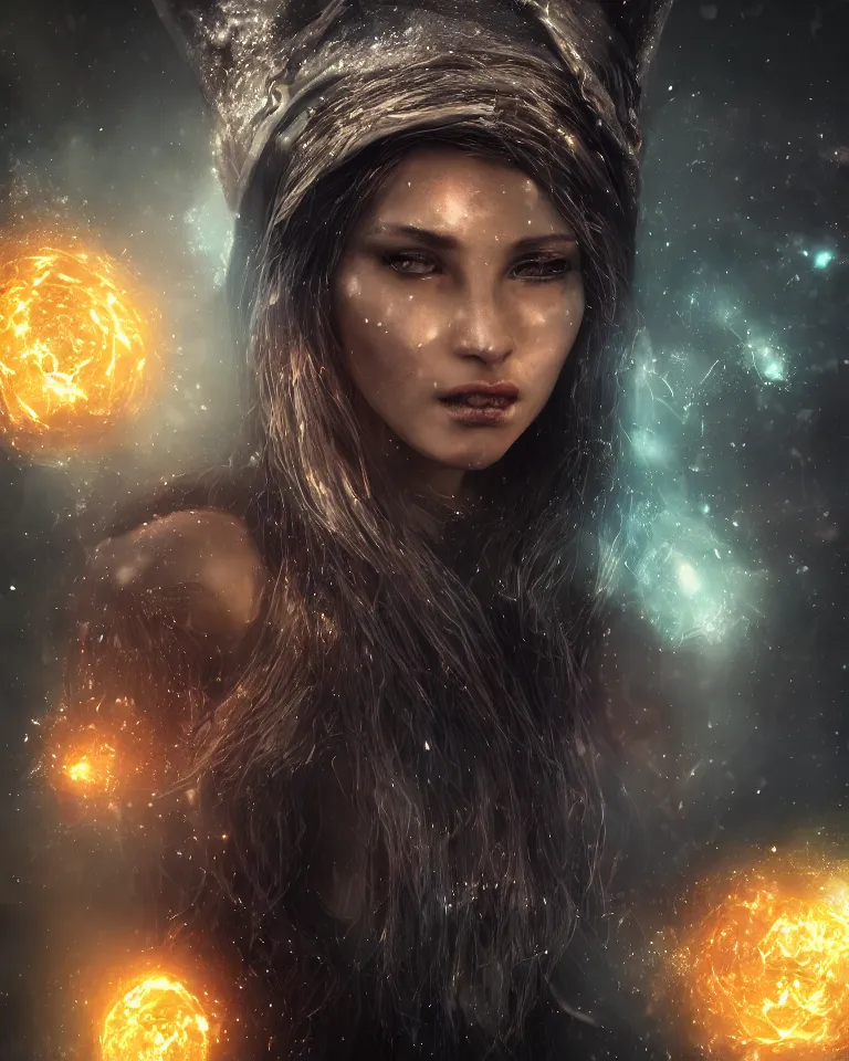 Prompt: portrait of an onyx witch, particle effects, realistic, highly detailed, cinematic