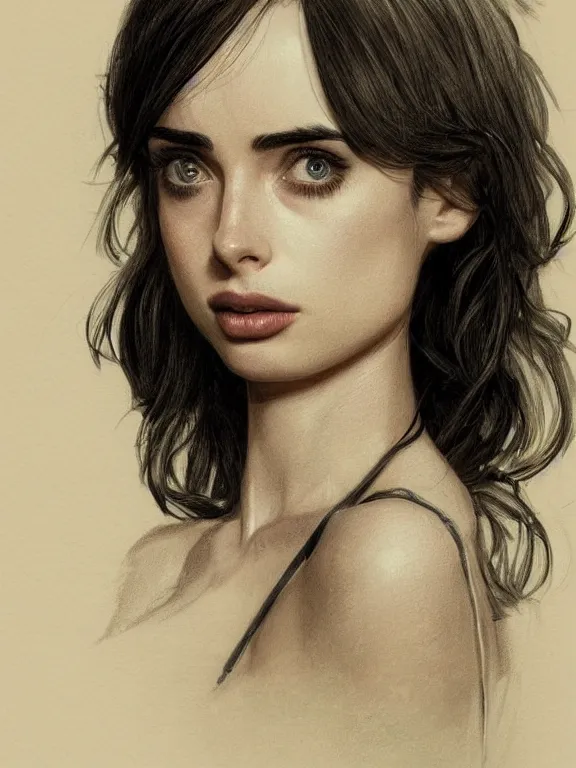 Image similar to portrait pencil sketch of a beautiful young krysten ritter as a fallout 4 character, art by ryo shiotani and greg rutkowski, intricate, rule of thirds, beautiful, cute, cinematic lighting, vintage art by serge ivanoff, drawing by adonna khare