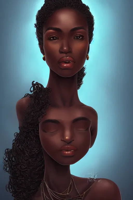 Image similar to A bust of a tall black skinned girl with large lips and smooth eyebrows and wavy hair, HD, illustration, epic, fantasy, intricate, elegant, amazing detail, digital painting, artstation, concept art, smooth, sharp focus, illustration, art by Turine Tran