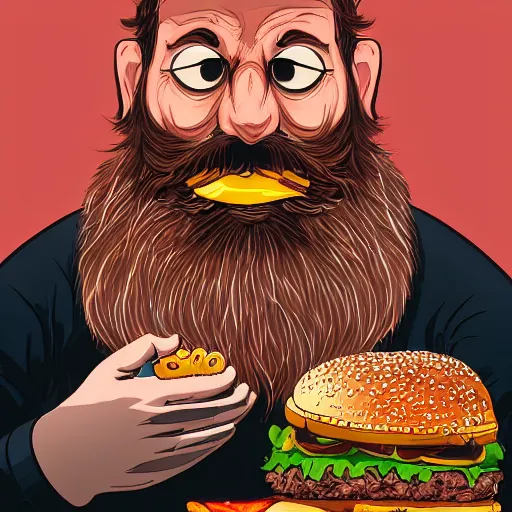 Prompt: beard man angry with italian burger. symmetrical anatomy, intricate details, digital art, baroque, pop punk art style, illustration, fantasy, accompanied by body, without duplication, dribble popular, artstation trending, drawn by ilya kuvshinov and vinicius gud and gustavo zambelli, intricate, balance rendered.