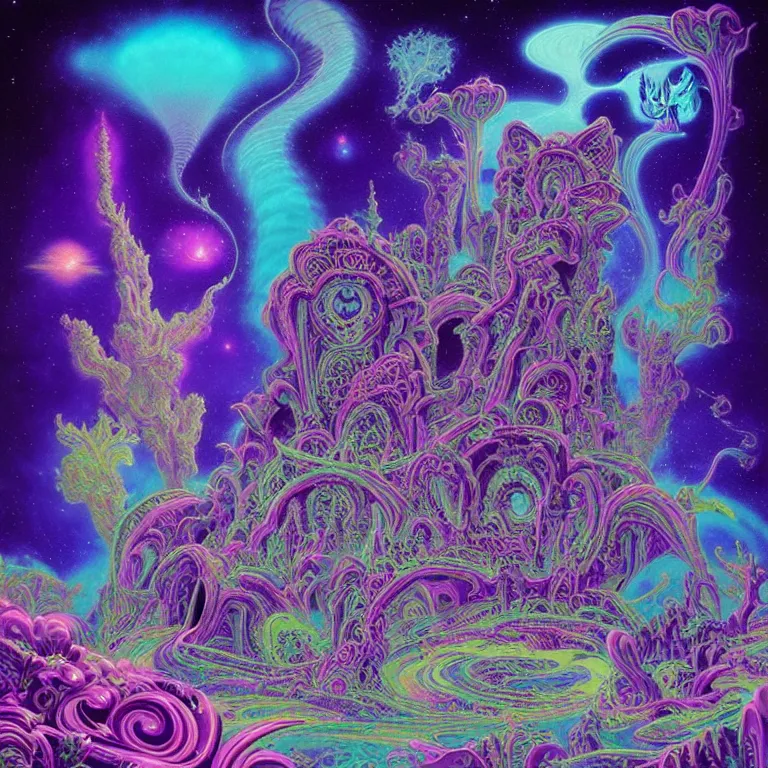 Prompt: mysterious cosmic kitten hovering over haunted mystical temple, infinite hallucinogenic fractal waves, # f 2 2 2 ff # 8 c 1 eff synthwave, bright neon colors, highly detailed, cinematic, eyvind earle, tim white, philippe druillet, roger dean, ernst haeckel, lisa frank, aubrey beardsley, kubrick, louis wain