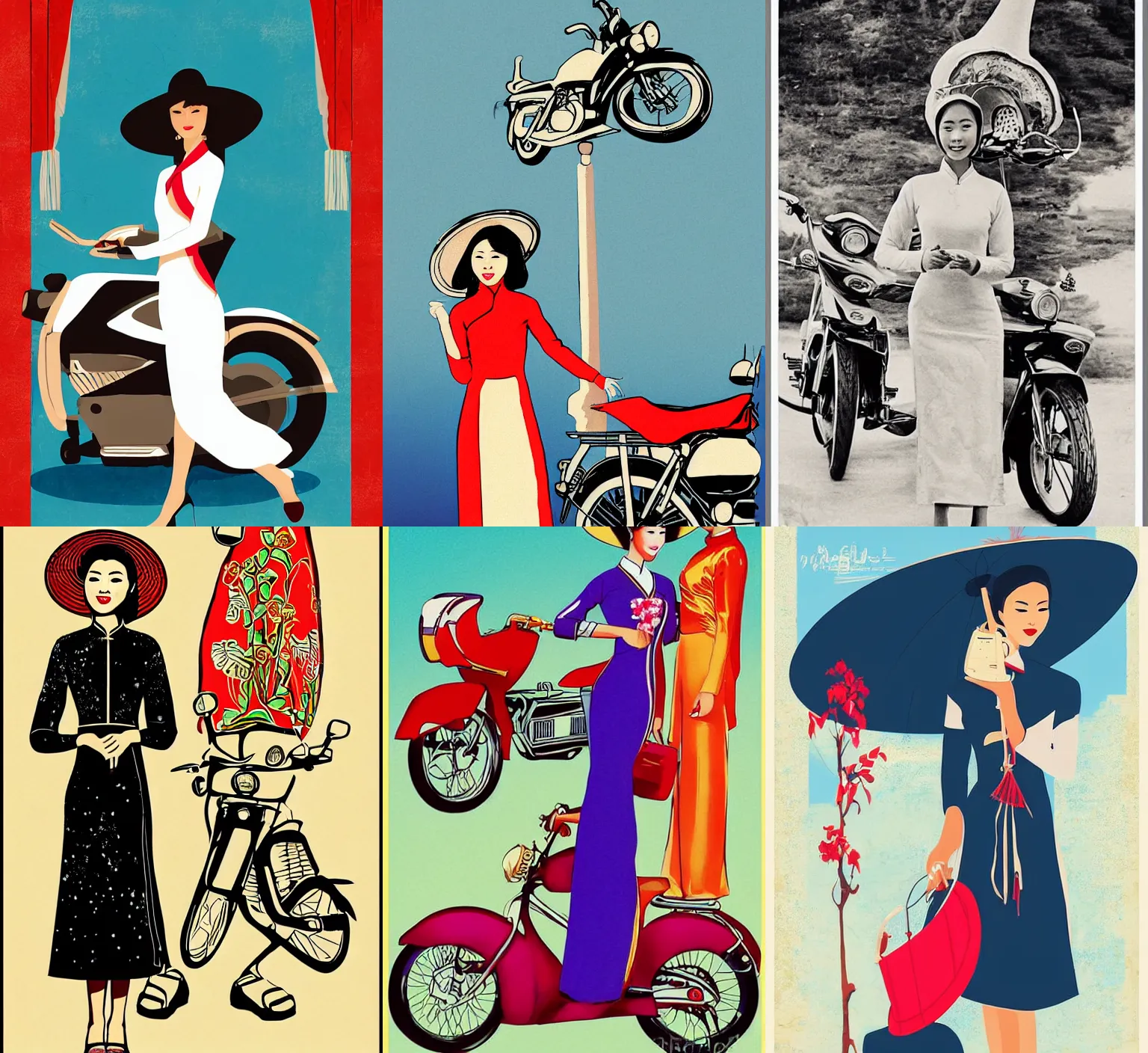 Prompt: a tall thin beautiful vietnamese girl in an ao dai dress. and a conical hat. standing in front of a motorcycle. retro art house graphic art poster.
