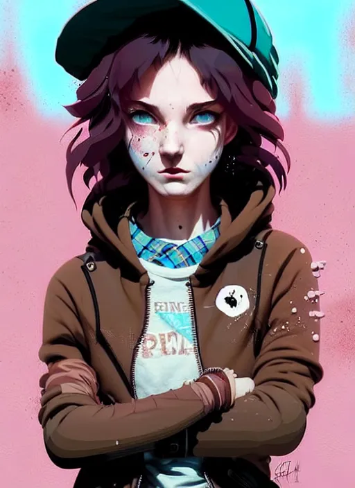 Image similar to highly detailed portrait of a sewer punk young adult lady, blue eyes, tartan hoody, ringlet hair by atey ghailan, by greg rutkowski, by greg tocchini, by james gilleard, by joe fenton, by kaethe butcher, gradient pink, brown, light blue and white color scheme, grunge aesthetic!!! ( ( graffiti tag wall background ) )