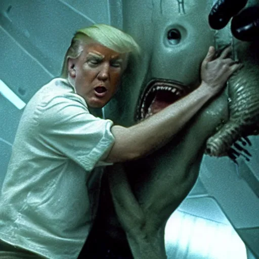 Image similar to film still of Donald Trump being held against a wall by a predator in the movie Alien.