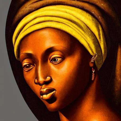 Prompt: fresco of an African woman, realistic, correct details, cosmic dynamic lighting, symmetrical face, accurate face, in the style of renaissance Michelangelo