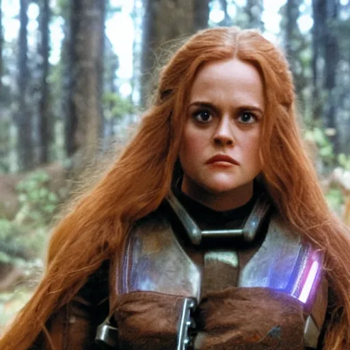 Image similar to close - up movie still of cute young alicia silverstone as bounty hunter mara jade on the forested mountain planet wayland in star wars episode vii : heir to the empire ; bare arms