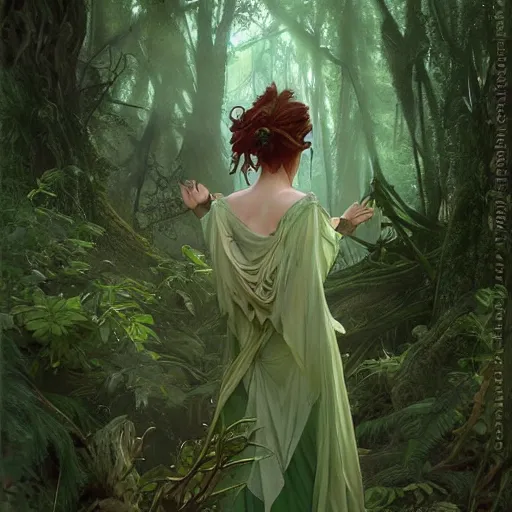 Prompt: Green Witch in the forest nature unity, gardens, detailed plant life, art by artgerm and greg rutkowski and alphonse mucha