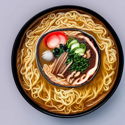 Image similar to a centre frame of a bowl of ramen in the style of a comic book
