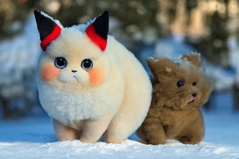 Image similar to real life pokemons, cute!!!, content!!!, mischievous!!!, adorable!!!, chubby!!!, fluffy!!!, ultra realistic!!!, winter, blanket of snow, 4 0 0 0 kelvin, golden hour, sharp focus