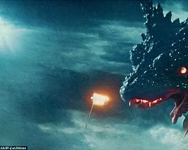 Image similar to godzilla as a chihuahua in a Godzilla: King of the Monsters still film directed by Christopher Nolan, shooting beams from its mouth and toppling over cities, epic action scene