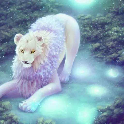 Image similar to aesthetic overhead photo portrait commission of a albino male furry anthro lion lying on a perfect lavender garden like a bed with bubbles surrounding him while wearing a cute mint colored cozy soft pastel winter outfit with pearls on it, winter Atmosphere. Character design by charlie bowater, ross tran, artgerm, and makoto shinkai, detailed, inked, western comic book art, 2021 award winning painting