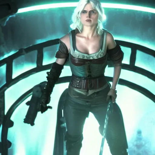 Prompt: still of Ciri in front of the stargate in SG1, activated stargate, chappa'ai, blue stargate, portal