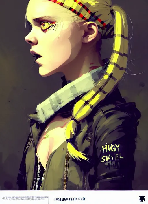 Image similar to highly detailed closeup portrait of a sewer punk pretty swedish female road warrior student, tartan garment, blonde hair pigtails with headband by atey ghailan, by greg rutkowski, by greg tocchini, by james gilleard, by joe fenton, by kaethe butcher, gradient yellow, black, brown and white color scheme, grunge aesthetic!!! white graffiti tag wall background