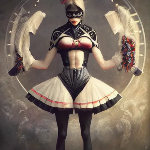 Image similar to ultra realist soft painting of a single attractive cheerleader female sillicon skin tight gothic cloths, curiosities carnival, partial symmetry accurate features, very intricate details, futuristic sport arena, focus, curvy, artstyle Tom Bagshaw, award winning