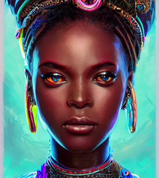 Image similar to beautiful intricate exquisite african princess realistic face, beautiful eyes, neon colors, drawing, in the style of greg rutkowski, fantasy, amazing detail, epic, intricate, elegant, smooth, sharp focus