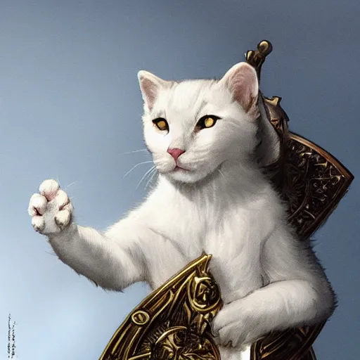 Prompt: A cute heraldic white kitty cat queen posing with one paw raised in the air, D&D, fantasy, intricate, cinematic lighting, highly detailed, digital painting, artstation, concept art, smooth, sharp focus, illustration, art by Akihiko Yoshida, Greg Rutkowski and Alphonse Mucha