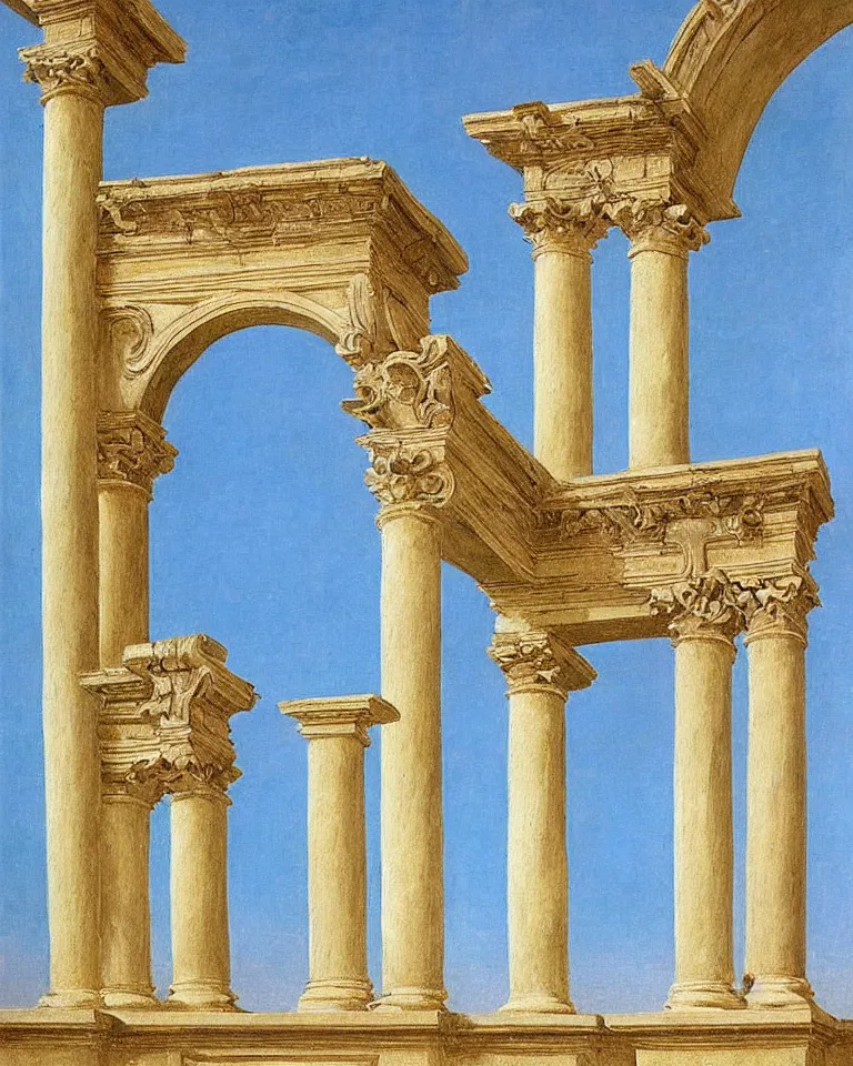 Image similar to achingly beautiful painting of intricate ancient roman ionic capital on a baby blue background by rene magritte, monet, and turner. giovanni battista piranesi.